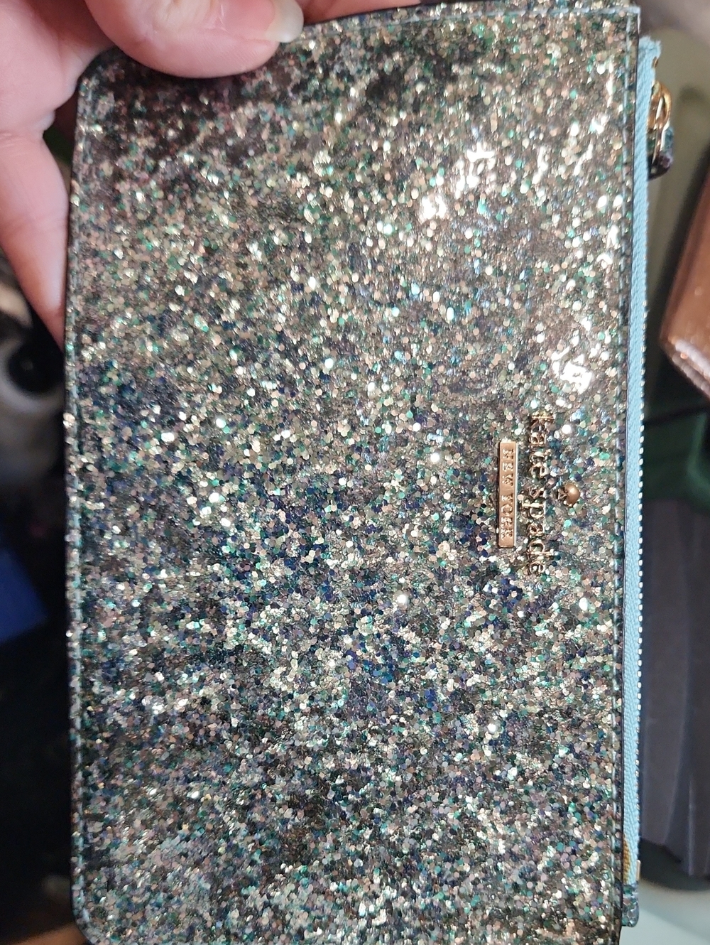 Kate Spade Teal Multi Glitter Zip Wristlet Wallet